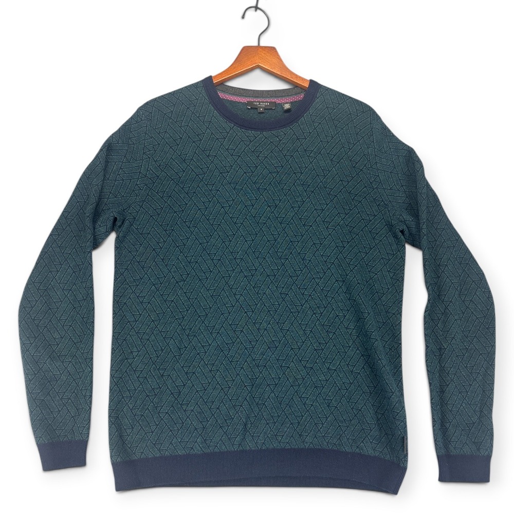 Ted Baker Mens L Sweater Cashmere Geometric Teal Navy Crewneck Academia Preppy